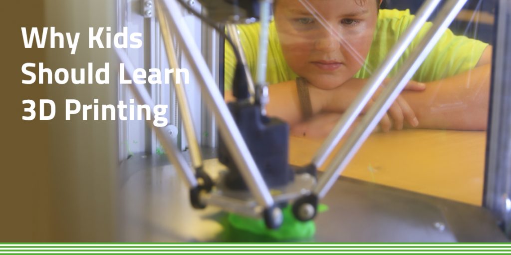 A boy in green t-shirt look at a 3D printing machine creating something in the foreground