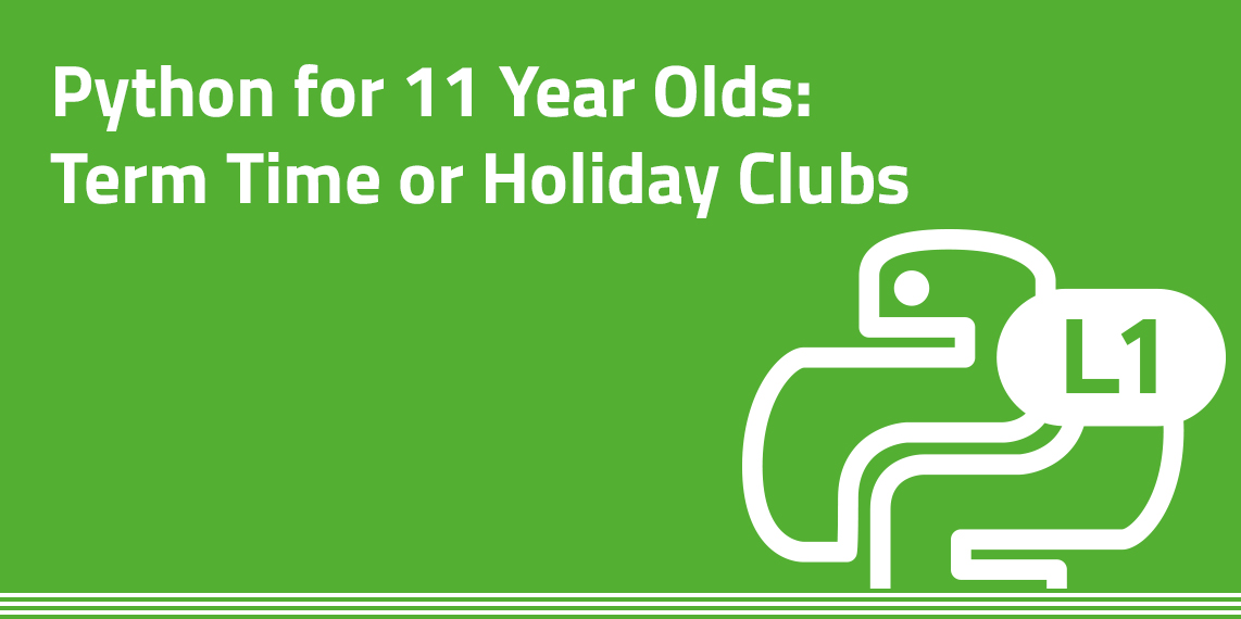Python Icon on green background with headline: Python for 11 Year olds