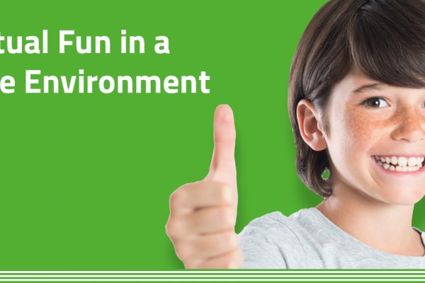Virtual Fun in a Safe Environment. Green background with young girl giving thumbs-up
