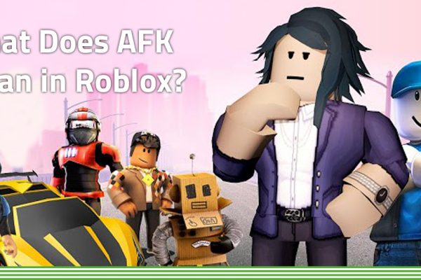 Roblox characters on pink background with text what does AFK mean in Roblox?